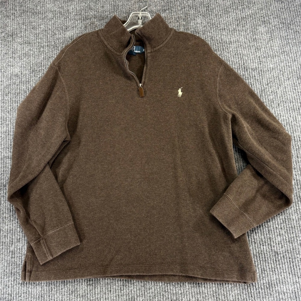 Polo Ralph Lauren Mens XL Brown 100% Cotton Quarter Zip Pullover Sweater Logo